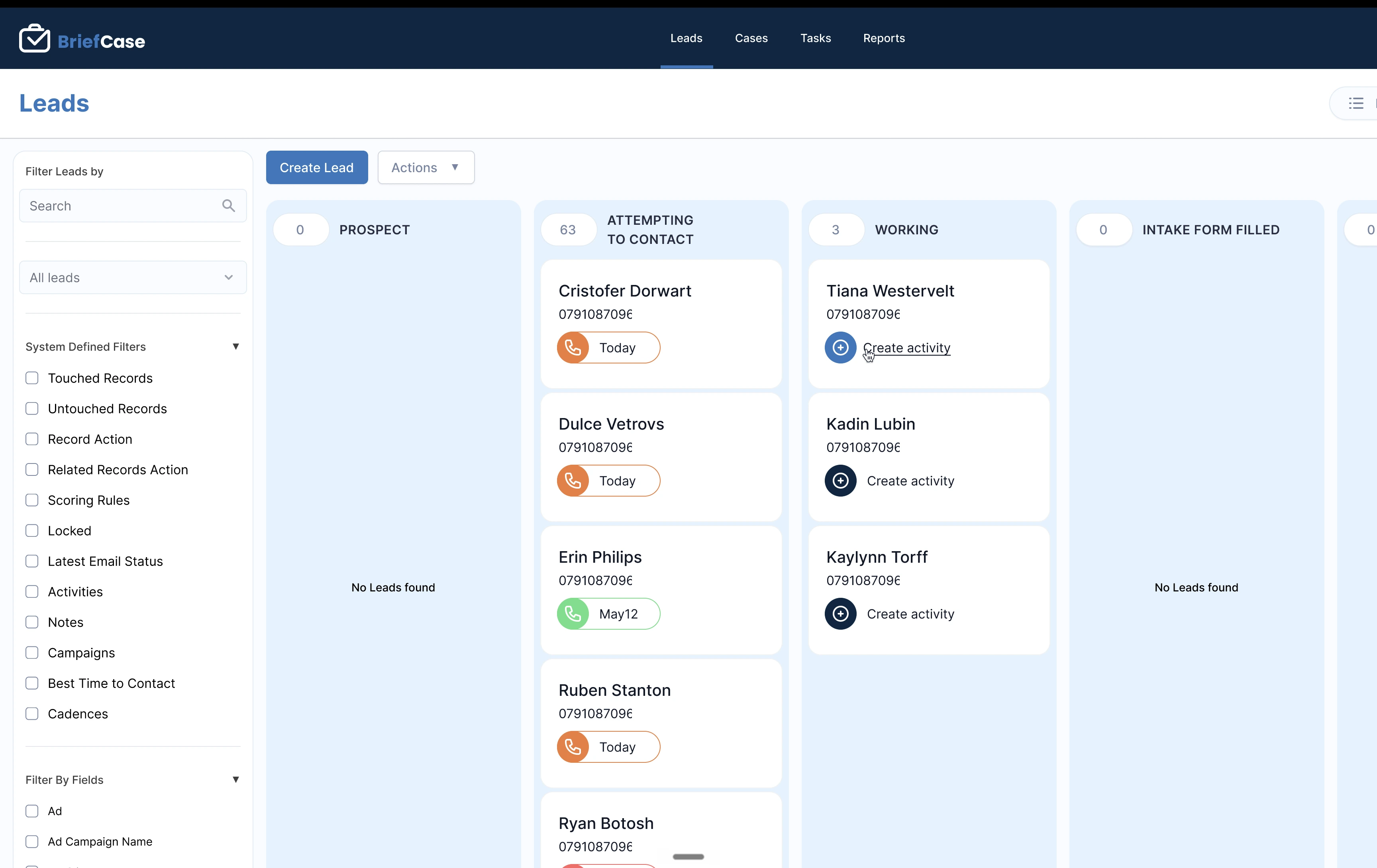 BriefCase leads board tracking new client enquiries